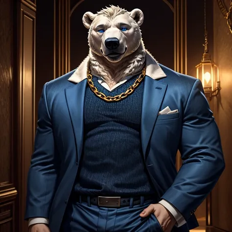  Koslov    (    tall and large polar bear with blue eyes),    bodyguard navy blue suit for men   , , mafia style  ,    black sweater, Golden chain ,    fully dressed    