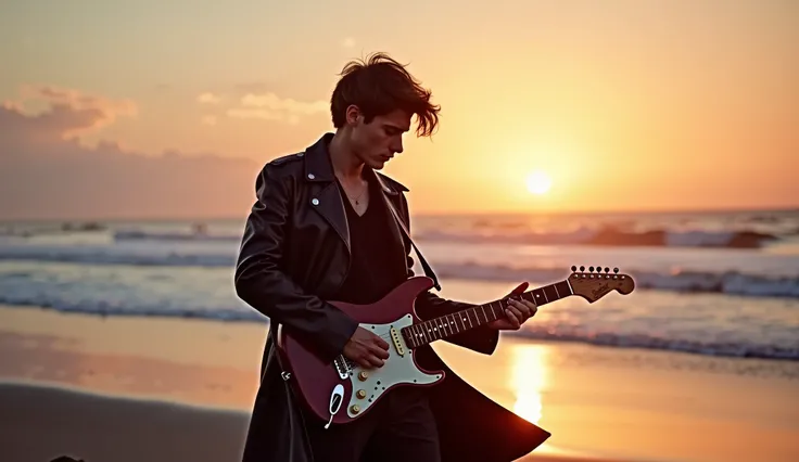 A cool and charismatic young man with a rockstar appearance plays an electric guitar on a serene beach during sunset. He stands at the center of the frame, his silhouette outlined by the warm, golden-pink hues of the sky blending into the deep blue of the ...