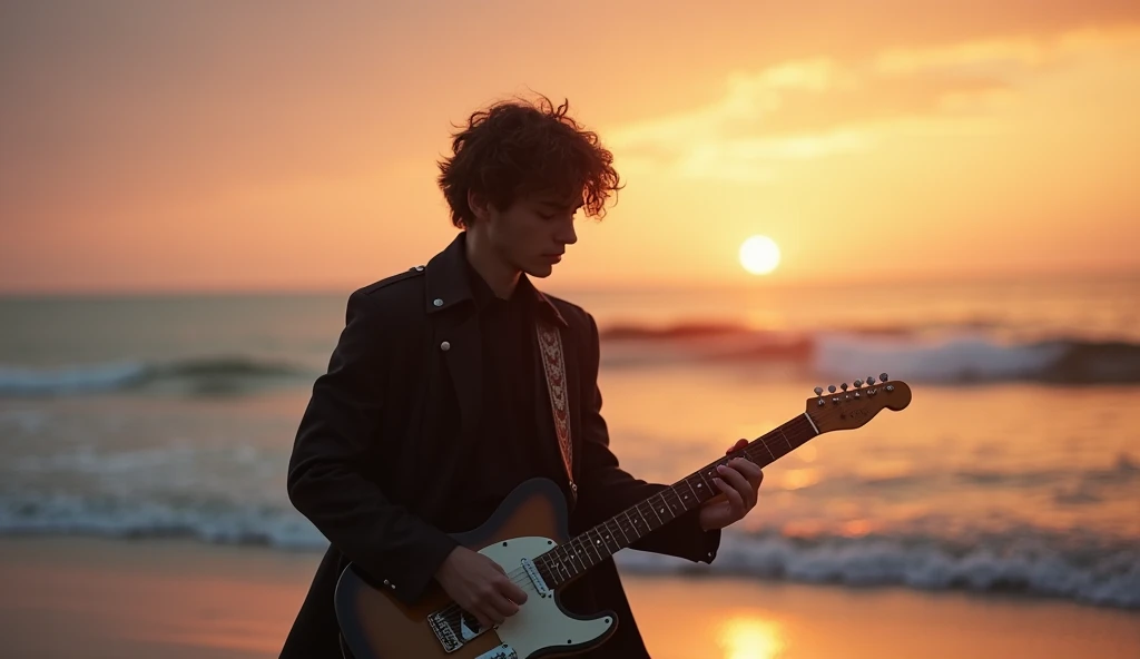 A cool and charismatic young man with a rockstar appearance plays an electric guitar on a serene beach during sunset. He stands at the center of the frame, his silhouette outlined by the warm, golden-pink hues of the sky blending into the deep blue of the ...