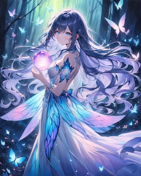  "(( style:Colored pencil,Light color)),( masterpiece:1.2) " A mesmerizing anime-style butterfly spirit girl standing in a glowing enchanted forest at midnight. She has long, flowing hair in shades of deep purple, lavender, and blue, shimmering with an iri...