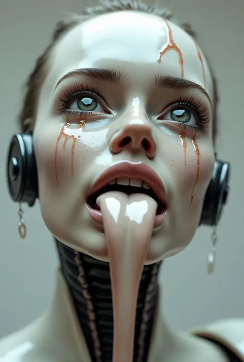 Robotic Girl , with a playful attitude,  is now looking up ,  fixing his gaze on his eyebrows with a mischievous expression . His robotic tongue ,  extremely long and flexible ,  comes completely out of his mouth ,  being covered with a large Amount of vis...