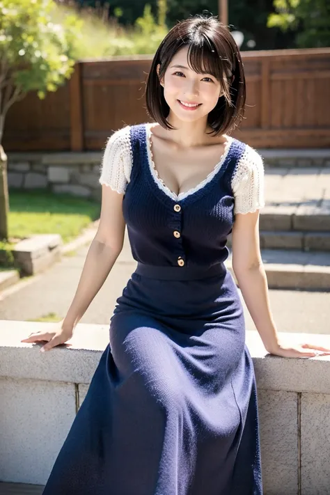 Small breasts but beautiful boobs、40 year old cute Japanese woman、Knitted clothing、 Long Skirt 、Cafe、 has a nice smile、 black hair short hair