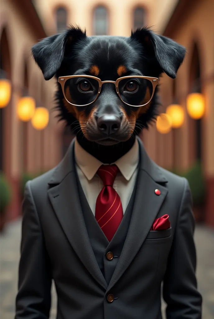  Create an image with the following description Portrait of a dog with an anthropomorphic appearance that reflects the personality of an elegant young man in a classically cut suit. 
 The dog must have dark hair similar to that of a human being ,  maintain...