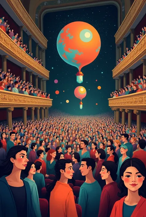 Draw a theater with a lot of people who have their own geometric figure above the heads of each person in the hall. The illustration should show that everyone perceives information differently