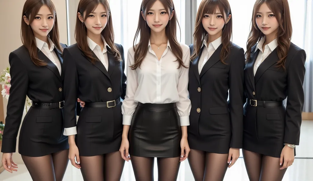  everyone always wears black tights
They are lined up in a straight line, not diagonally
Super large number
Japanese office lady
super miniskirt
Everyone has straight bangs
Everyone has random brown hair
Everyone is showing their whole body, from their hea...