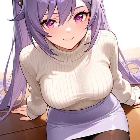 8k,masterpiece, best quality, ultra detailed, high resolution, super fine illustration,Keqing (Genshin impact), 1girl, solo, smile,purple eyes, purple hair, cone hair bun, double bun, braided bangs, long hair, medium breasts, winter fashion outfit, sweater...