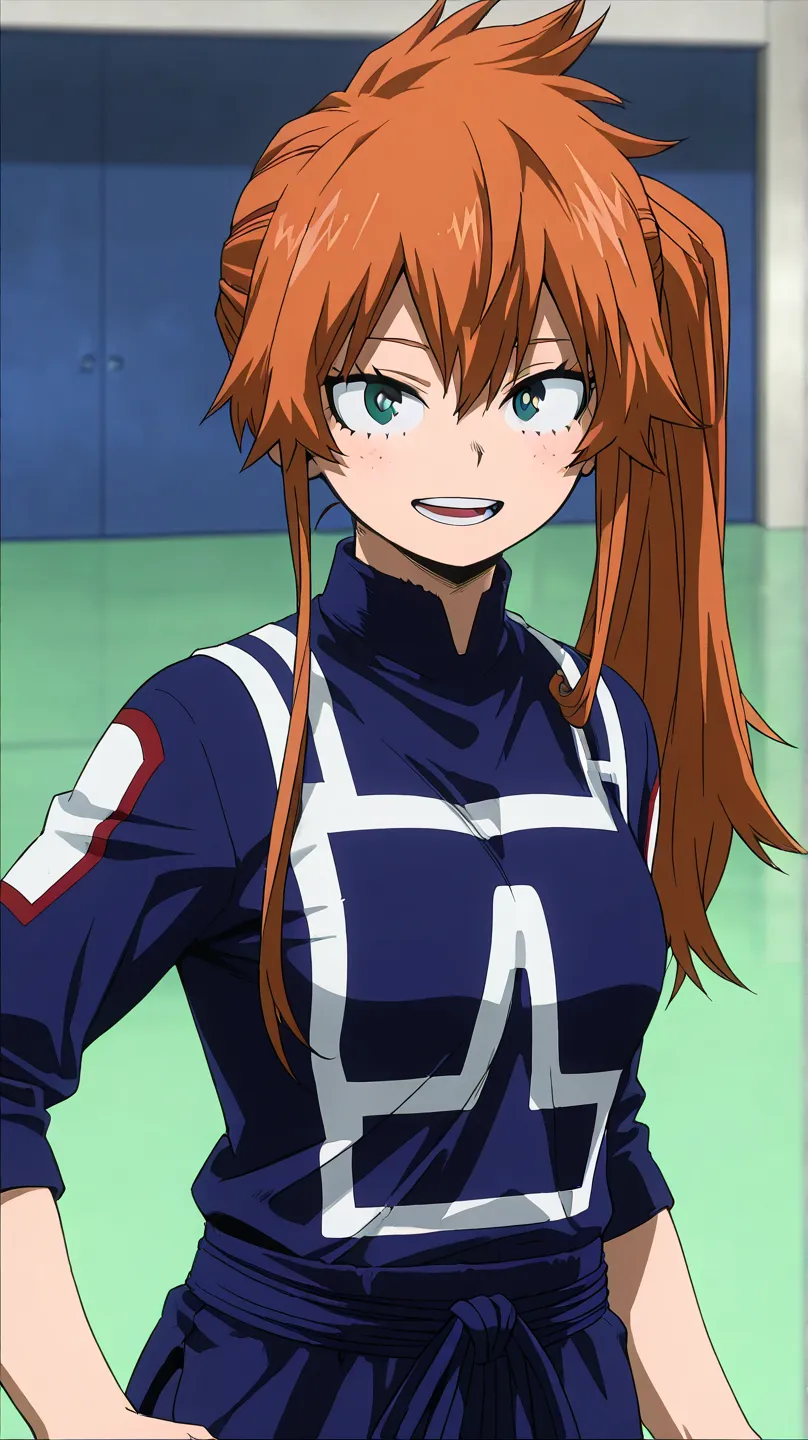 , Kendo,
,,my hero academia
High quality ,  best quality , masterpiece,  High Resolution , detailed face( LoRA: Kendo),anatomically correct, detailed hair Style( LoRA: Kendo),anime Coloring
solo, 1 girl
, orange hair, green eyes, side ponytail
sportswear, ...