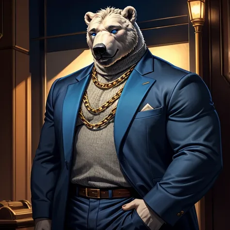  Koslov    (    tall and large polar bear with blue eyes),    bodyguard navy blue suit for men   , , mafia style  ,    black sweater, Golden chain ,    fully dressed    