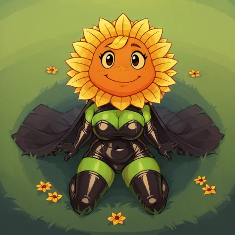 1girl, solo, sunflower, flower girl, yellow petals, orange face, freckles, green body, flower, looking at viewer, smile, closed mouth, grass, outdoors, large breasts, latex rubber strapless sweetheart neckline dress with A-line skirt, latex rubber thigh hi...