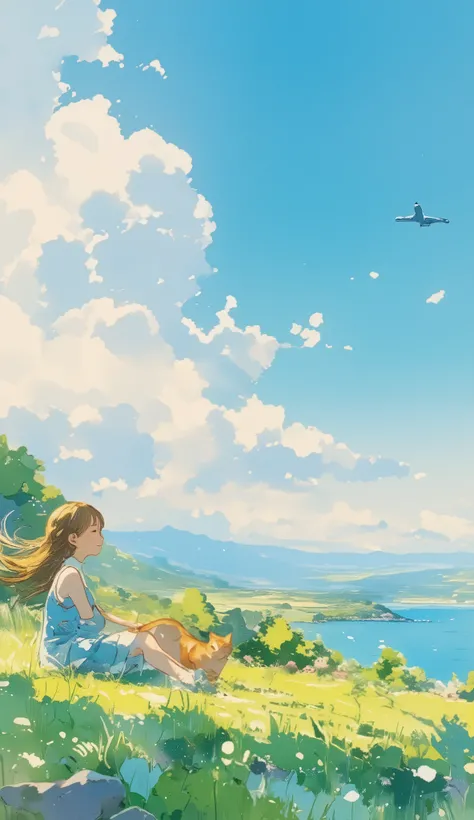  watercolor、cat、 one girl、catと女の子、 Hill with a View of the Sea 、lawn、Cumulonimbus、  blue sky、 Airplane Clouds 、 Fantastic Scenery、 beautiful landscape、 