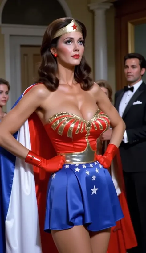 LYNDA CARTER AS WONDER WOMAN WEARING HER ICONIC TRI COLOR PATRIOTIC CAPE ATTACHED TO THE WONDER WOMAN COSTUME, AND A PLEATED BLUE PATRIOTIC SKIRT. LONG RED SATIN OPERA GLOVES.