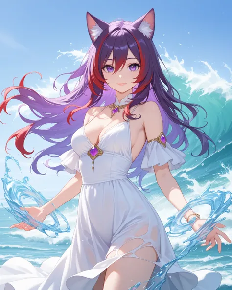  1girl, animal ear fluff, animal ears, purple hair, hair between eyes, long hair, multicolored hair, wild hair, red hair, streaked hair, cat ears, cat girl, purple eye,bare shoulders, breasts, cleavage, cowboy shot, dress, gem, hydrokinesis, jewelry, lips,...