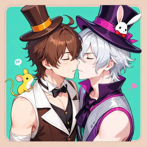 brown haired MALE , mad hatter's vibe, wearing a top hat, with a tiny MOUSE and another GUY/MALE, with LONG silver hair