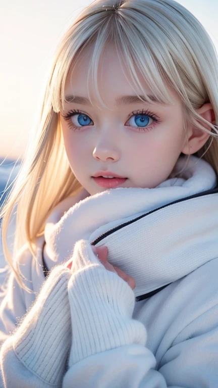  alone,  very beautiful white Scandinavian girl、 shiny bright blonde hair ,  beautiful super long straight dazzling blonde hair fluttering in strong winds, long bangs block view 、  Very Bright Beautiful Light Blue Very Bright Big Eyes That Shine So Beautif...