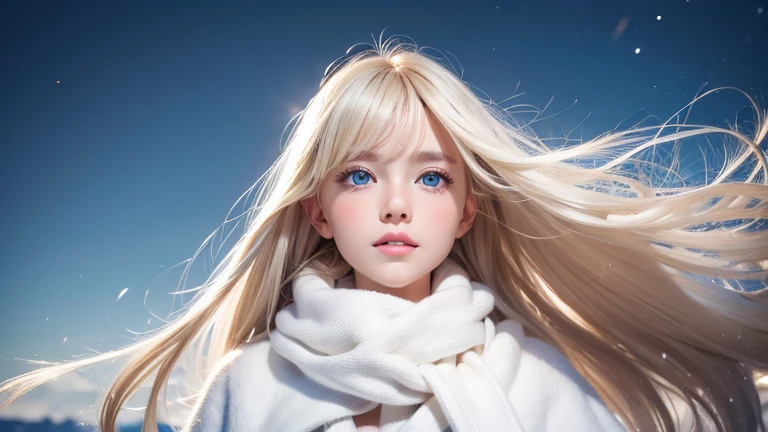  alone,  very beautiful white Scandinavian girl、 shiny bright blonde hair ,  beautiful super long straight dazzling blonde hair fluttering in strong winds, long bangs block view 、  Very Bright Beautiful Light Blue Very Bright Big Eyes That Shine So Beautif...