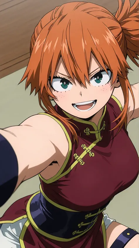 , Kendo,
,,my hero academia
High quality ,  best quality , masterpiece,  High Resolution , detailed face( LoRA: Kendo),anatomically correct, detailed hairstyle( LoRA: Kendo),anime Coloring
solo, 1 girl
, orange hair, green eyes, side ponytail
hero outfit, ...