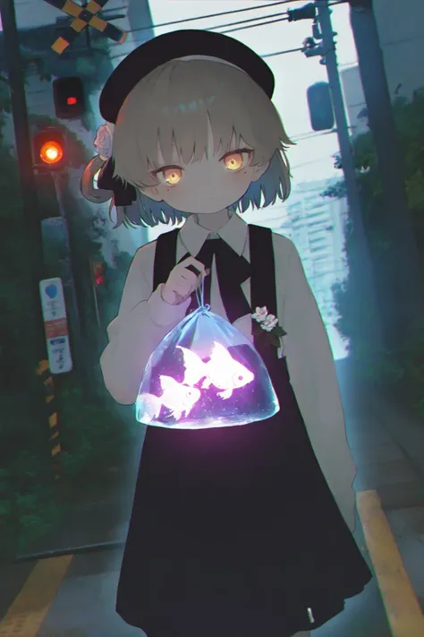 1girl\(hatoba tsugu,HatobaTsugu, hat, 1mole under eye, beret, 1white flower ornament, bangs, black ribbon-tie, short hair,\) holding goldfish in bag,(multicolor glitch,glitch,neon:0.5), overly detailed pupils, glowing, chromatic aberration, railroad crossi...