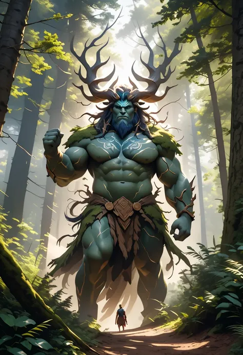 Masterpiece, (highest quality, create a high resolution,4k, 8k),(realistic, photorealistic: 1.5),(Mysterious Forest giant wind god and thunder god),2giant gods,Very tall gods,stand up,taller than the trees in the forest,Very Giant, very terrible gods, ((dy...