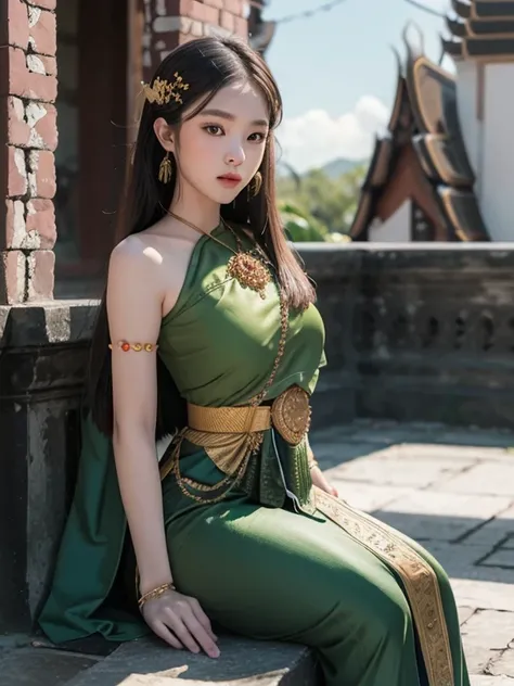 European girl long hair , Sitting ,1girl, mid breasts , Thaidress ,  (Green sabai:1.4) , long dress