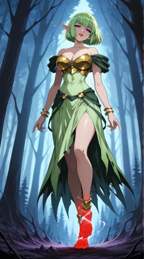 A beautiful mature female giant, a human looking up at a giant, (incredible high resolution, masterpiece, best quality, highly detailed, CG, high quality anime art), (elven giant, giant), (breastplate, off-the-shoulder shiny green dress, fluttering skirt, ...