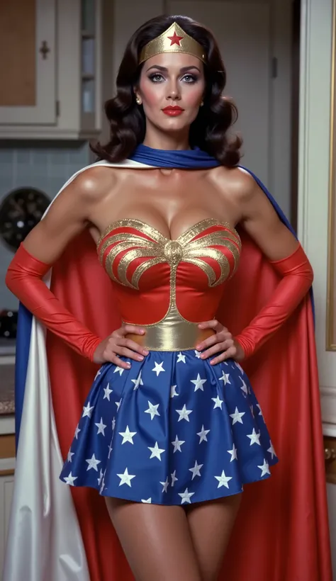 LYNDA CARTER AS WONDER WOMAN WEARING HER TRI COLOR PATRIOTIC CAPE ATTACHED TO THE WONDER WOMAN COSTUME, AND A PLEATED BLUE PATRIOTIC SKIRT. LONG RED SATIN OPERA GLOVES.