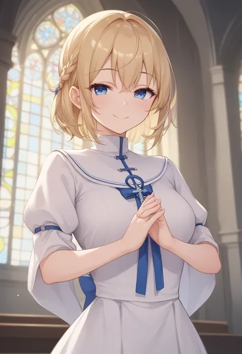  girl、Clergy、blonde hair、Blue Eyes、Praying hands、church、 Smile