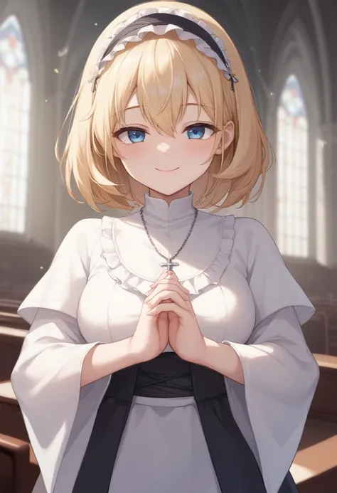  girl、Clergy、blonde hair、Blue Eyes、Praying hands、church、 Smile