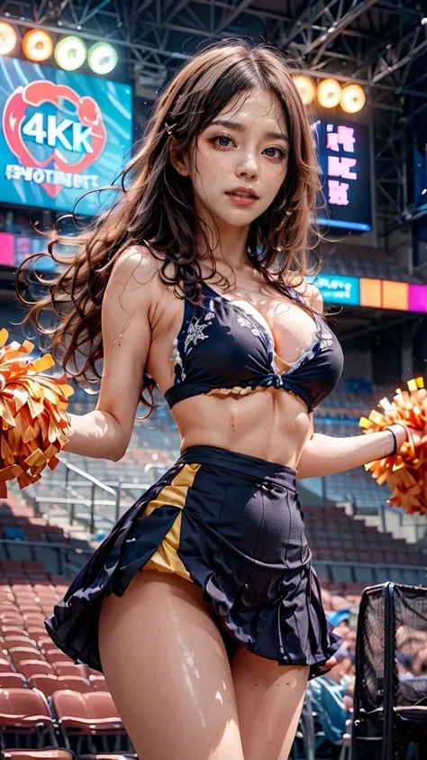 A beautiful young Japanese woman, 20 years old, with perfect anatomy, healthy thighs, beautiful feet, flawless skin, random hair color and style, large bust, (she is standing:1.2), wearing a cheerleader uniform with micro-pleated miniskirt, in a full body ...