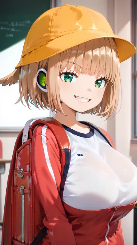 (UHD, retina, masterpiece, accurate, anatomically correct, super detail, high details, highres, 1080P, 16k:1.3)、(Kirie Konami ai:1.3)、(short hair、light brown hair、bangs、green　Eye :1.5)、(very gigantic breasts:1.3)、(Shiny skin:1.3)、(Toothy grin:1.3)、(school、...