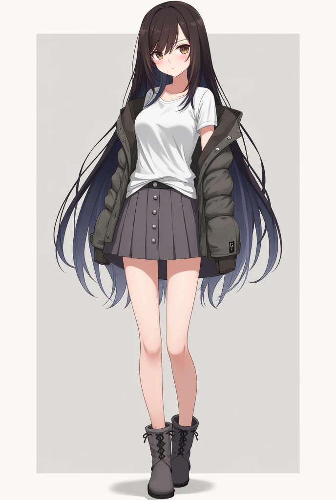  anime female character , long gray hair,  dark brown hair ,  FULL BODY,  standing ,  bare legs ,  white t-shirt,  gray jacket , short gray skirt, short ugg boots