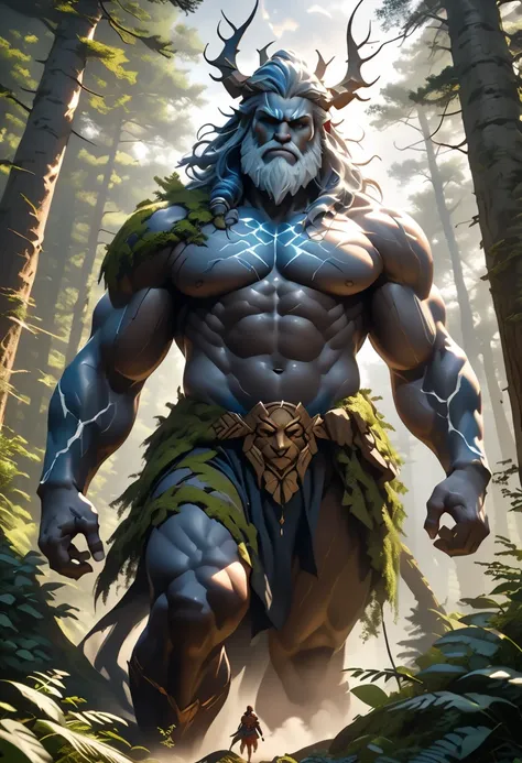 Masterpiece, (highest quality, create a high resolution,4k, 8k),(realistic, photorealistic: 1.5),(Mysterious Forest giants,wind god and thunder god),two giant gods,Very tall gods,stand up,taller than the trees in the forest,Very Giant, very terribletwo  go...