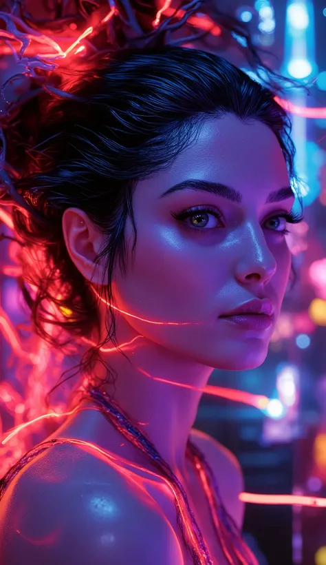 a woman in a colorful neon-lit fashion portrait, beautiful detailed eyes, beautiful detailed lips, long eyelashes, intricate hairstyle, vibrant neon colors, dramatic lighting, high fashion outfit, cinematic composition, photorealistic, 8K, hyper detailed, ...