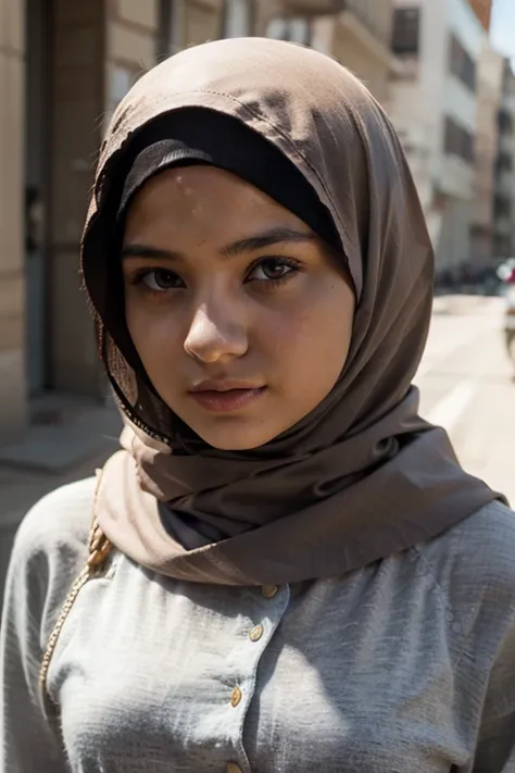 Girl wearing hijab in the middle of a war