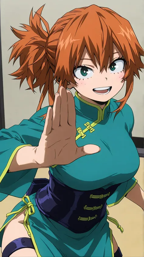 , Kendo,
,,my hero academia
High quality ,  best quality , masterpiece,  High Resolution , detailed face( LoRA: Kendo),anatomically correct, detailed hairstyle( LoRA: Kendo),anime Coloring
solo, 1 girl
, orange hair, green eyes, short hair,side ponytail
he...