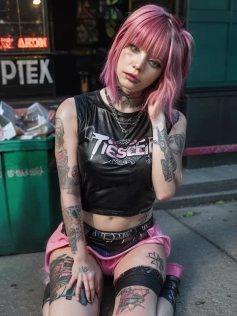 arafed woman with pink hair sitting on the ground in front of a green dumpster, a portrait inspired by Jessie Alexandra Dick, flickr, graffiti, diesel punk female, dressed in crustpunk clothing, cybergoth, punk woman, beautiful female punk, punk girl, dres...