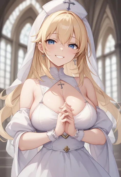  girl、Clergy、blonde hair、Blue Eyes、Praying hands、church、 Smile、 cleavage、 sexy