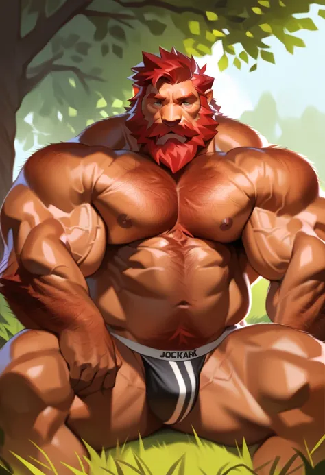 solo, 1boy, Muscular Old man, wide shoulder, pectoral, thick arms, chest hair, arms hair, pubic hair, huge pectoral, wide pectoral, sitting on meadow, huge tree background, short red hair, jockstrap and shirtless, simple background, masterpiece, semirealis...