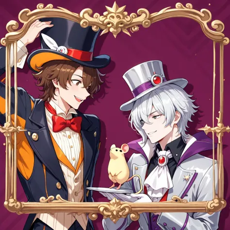 brown haired MALE , mad hatter's vibe, wearing a top hat, with a tiny MOUSE and another GUY/MALE, with LONG silver hair