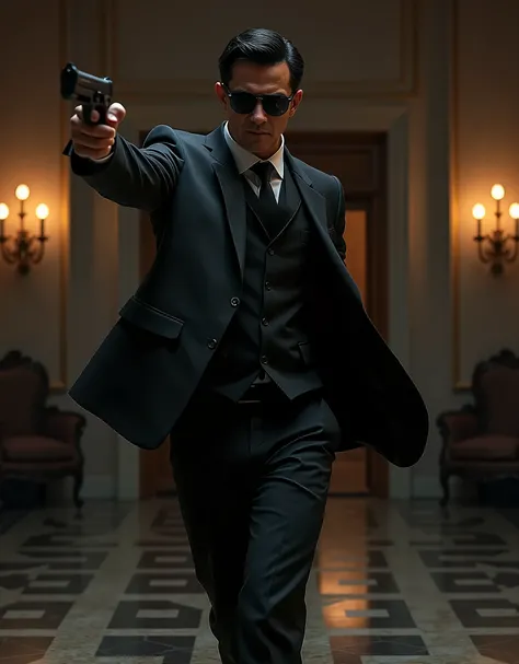 masterpiece, best quality, highres, highly detailed, 1man, black footwear, black hair, black jacket, black necktie, black pants, black suit, formal, full body, gun, handgun, holding, holding gun, jacket, male focus, mansion, necktie, night, pants, secret s...