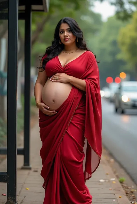 Indian extreme plus size voluptuous chubby fat woman with large curvy figure and wide shoulder with fat arm and wearing tight fitting deep neck red blouse and displaying huge cleavage from blouse and navel and wearing saree and wearing high heels shoes and...