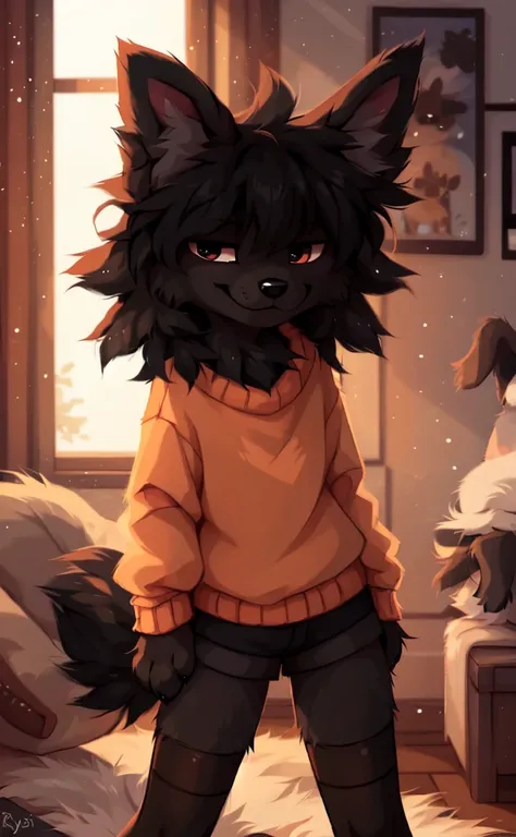  ((by reysi)),  Best quality, super detailed illustration, warm colors, Ideal lighting, (Fluffy boy dog:1.6), (Black fur:1.5), disheveled thick hair, short shorts, long black stockings, black long sleeve sweater, in a cosy room, smug smile, tricky glance ,...