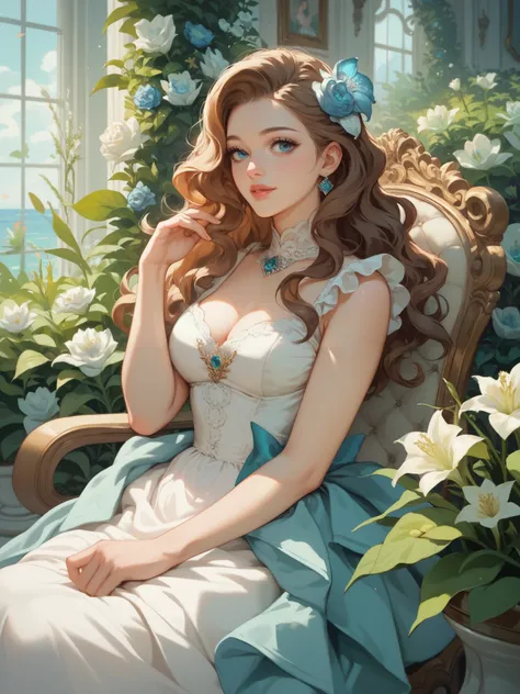 The brown-haired woman with long wavy hair and blue eyes like aquamarine. The background is a flower garden and she is sitting in a chair with her sitting gracefully like an aristocrat. She is wearing a long light blue and white dress with ornate lilies.