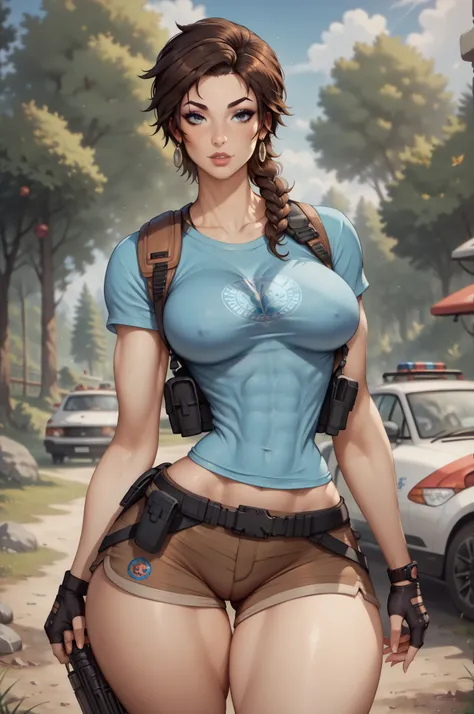 (date:20250212, By:Joulios) (Lara Croft)(lara Croft outfit) ((sky blue t shirt, brown shorts, tactical wear))((Anatomically Perfect)(a perfect body)(sexy beautiful girl)((super breast, wide hips, thick thighs))