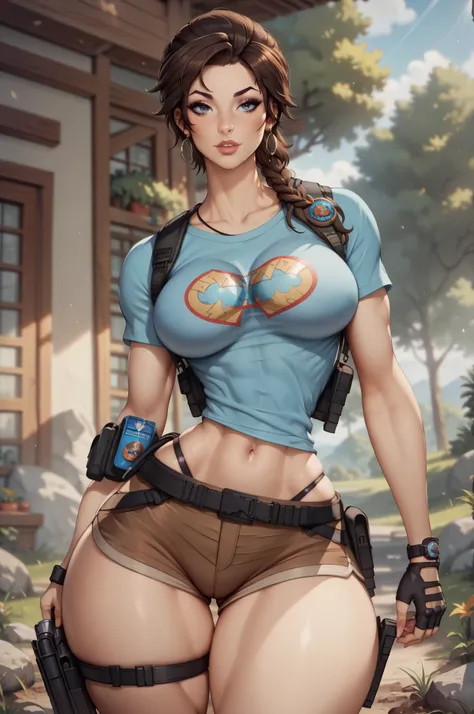 (date:20250212, By:Joulios) (Lara Croft)(lara Croft outfit) ((sky blue t shirt, brown shorts, tactical wear))((Anatomically Perfect)(a perfect body)(sexy beautiful girl)((super breast, wide hips, thick thighs))