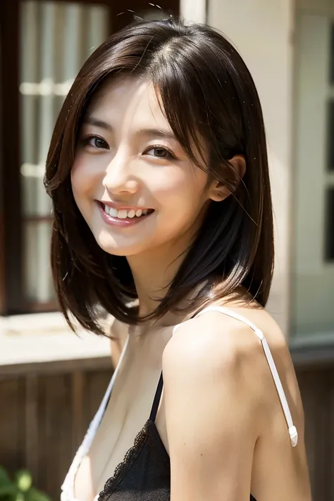  masterpiece, top quality, brown long hair taller than the white race ,   ( matured_woman_ lady:1), side、 black hair short hair、35歳日本人woman、 cute smile 、Small breasts but beautiful boobs