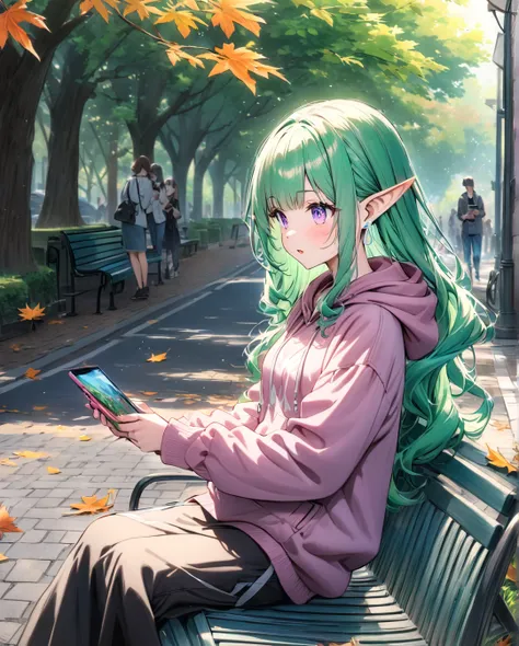 "(( style:Colored pencil,Light color)),( masterpiece:1.2) " "An anime-style elf girl with long, flowing green hair and pointed ears, sitting on a park bench in a vibrant city park. She wears a stylish hoodie over a casual outfit, and her hands gently hold ...