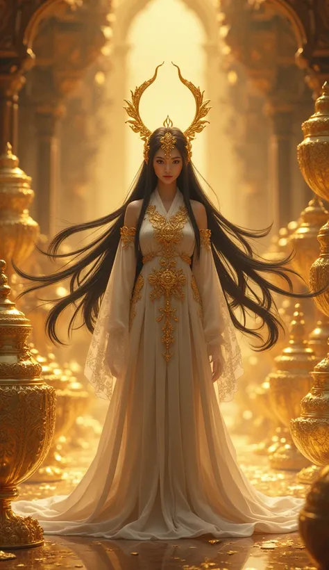 A shrine maiden with gold and silver treasures in the background. Her hair is long and black. A golden ornament on the head. Whole body. Always look forward.