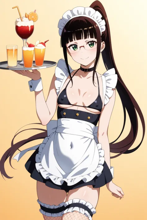 masterpiece,best quality,{{detailed beautiful face and eyes}}, very detailed background,
Ruri Miyamoto,{{{megami magazine}}},long hair,black hair,ponytail,glasses,blunt bangs,green eyes,small breasts,
(black maid bikini:1.4),(white long apron:1.4),(frills:...