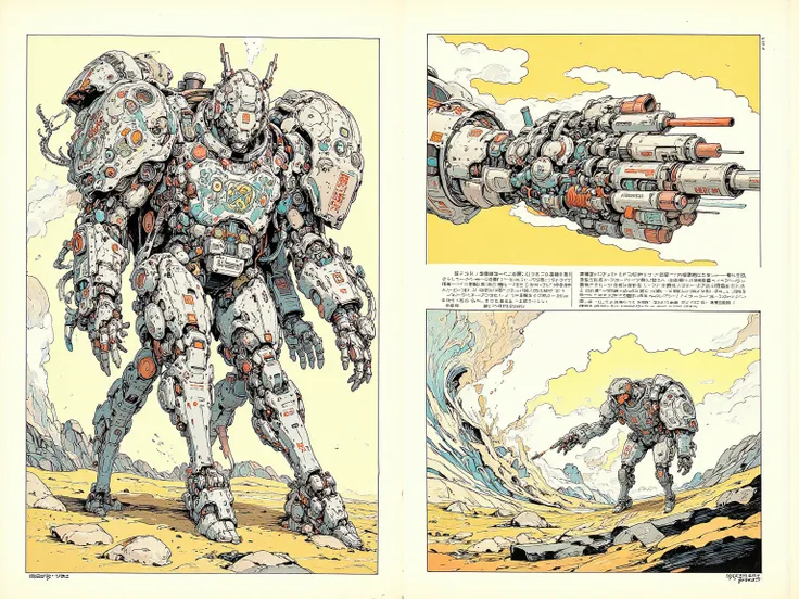   I have pictures of robot soldiers on a different planet , the right arm is a missile ,Release a missile with the right arm , ultra-detailed pictures inspired by Utagawa Kuniyoshi ,  ukiyo-e, Niche    art aesthetic, Masamune Shirow Style ,  Biomechanics d...