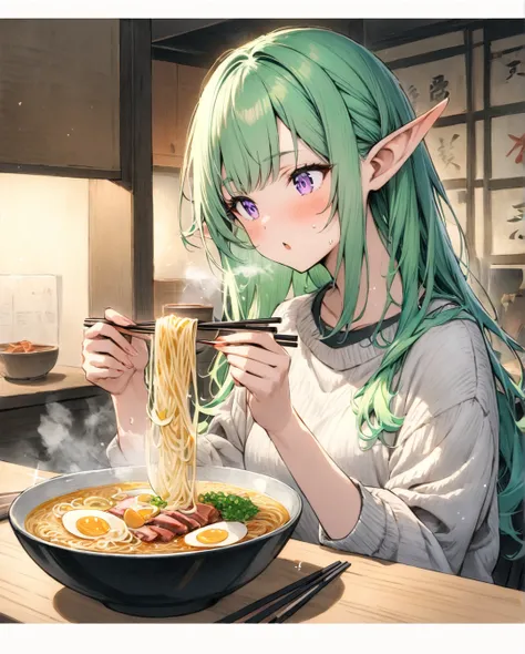 "(( style:Colored pencil,Light color)),( masterpiece:1.2) " *"A beautiful anime-style elf girl with long green hair and pointed ears sitting at the counter of a traditional Japanese ramen shop late at night. She wears a cozy casual sweater and a skirt, ble...